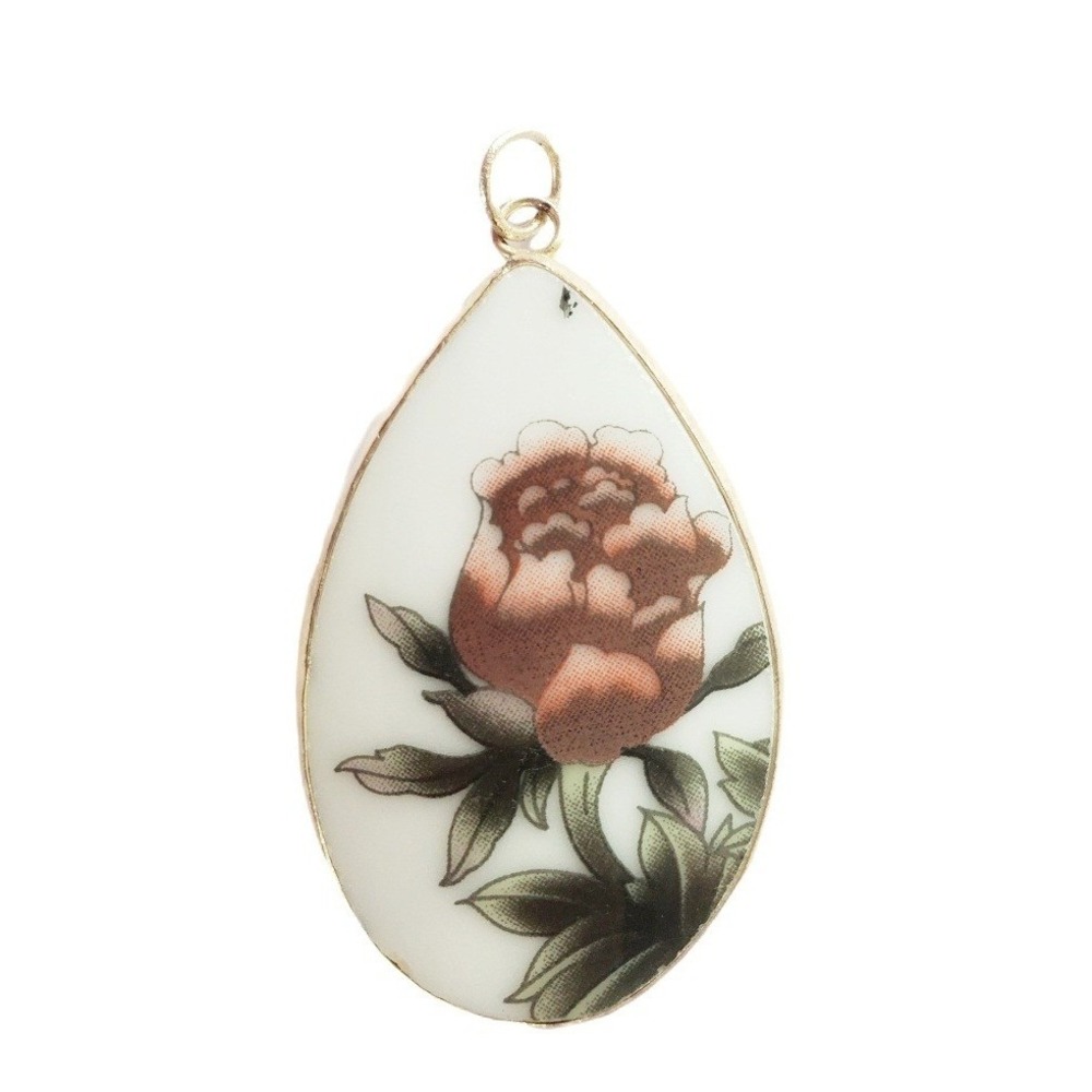 Vintage Transferware China Pink Rose Floral Pendant Silver Tone Bezel Gift Boxed